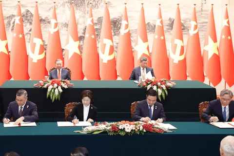 Bộ trưởng Bộ Công Thương Lê Mạnh Hùng và Bộ trưởng Bộ Thương mại Trung Quốc Vương Văn Đào ký kết văn kiện hợp tác trong lĩnh vực kinh tế thương mại