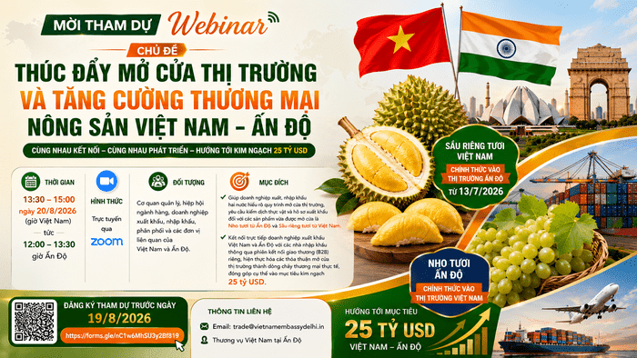 Mời tham dự hội thảo trực tuyến 'Thúc đẩy mở cửa thị trường và tăng cường thương mại nông sản Việt Nam - Ấn Độ'