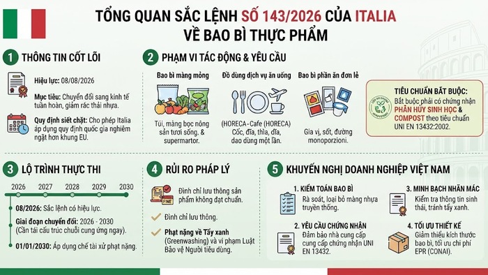 Sắc lệnh mới của Italia về môi trường và bao bì thực phẩm: Những điều doanh nghiệp Việt cần lưu ý