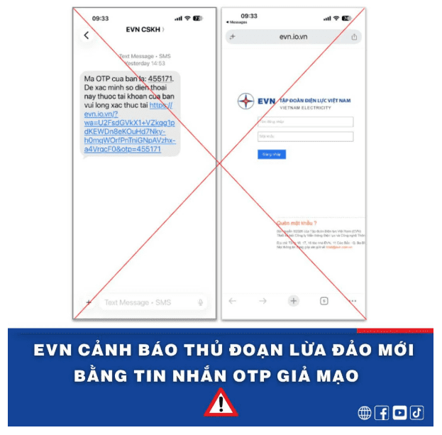 EVN cảnh báo thủ đoạn lừa đảo mới bằng tin nhắn OTP giả mạo